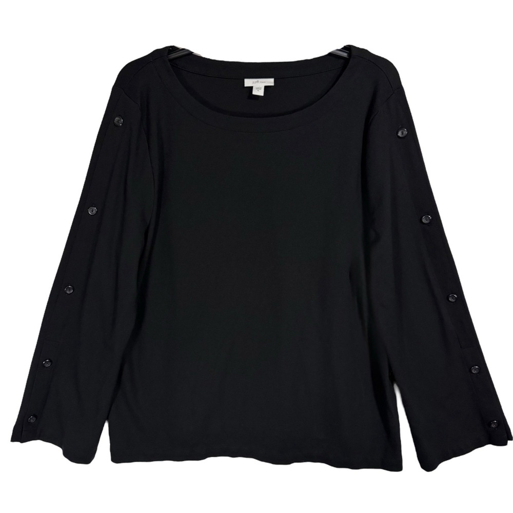 J.Jill Black Long Sleeve Ponte Knit Top XL Button Neck Minimalist Heavyweight